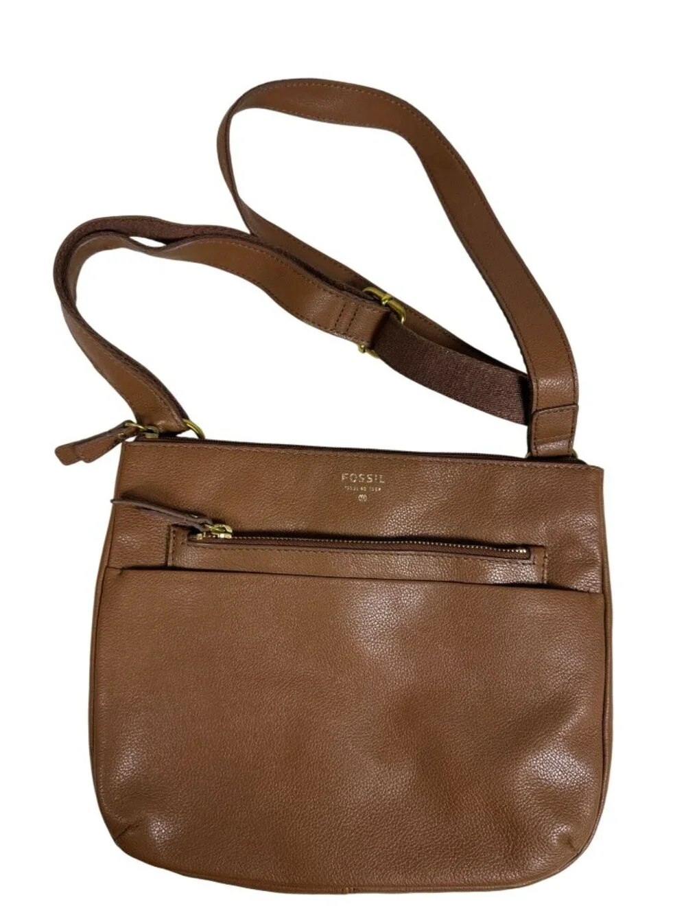 Fossil Brown Cow Hide Leather Crossbody Bag With Adjustable Strap & Zip Closure